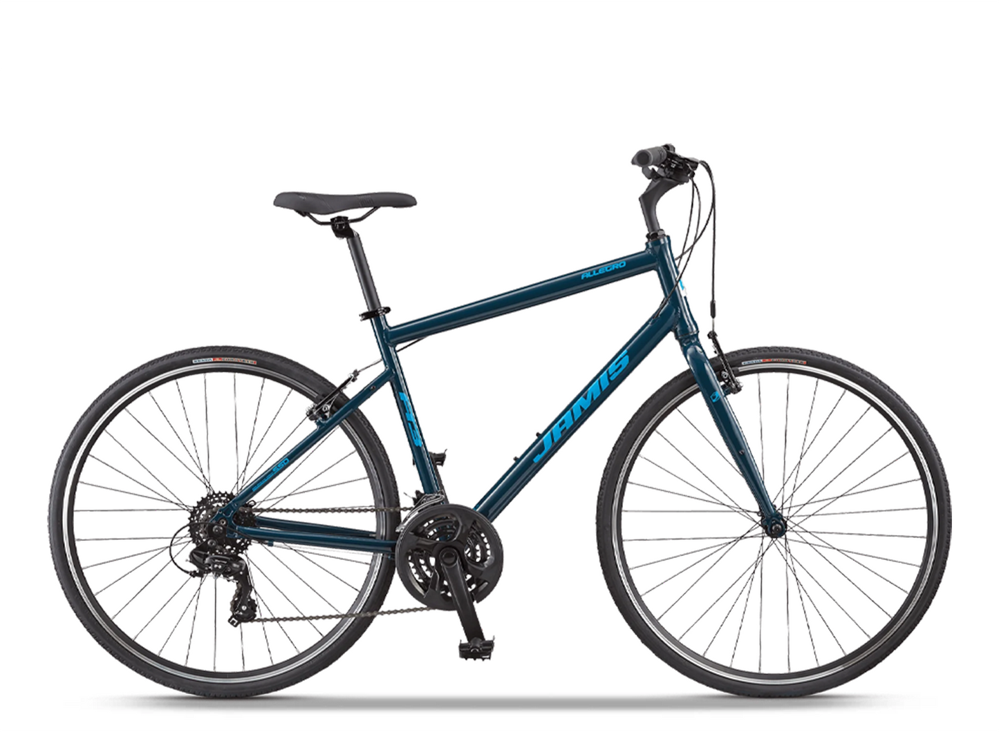 A blue Jamis Allegro A3 Hybrid bicycle with a lightweight aluminum frame, 700c wheels, and 21 speeds.