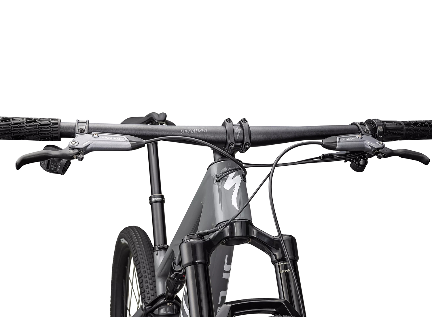 Close-up of a bicycle handlebar with Specialized logo on a white background