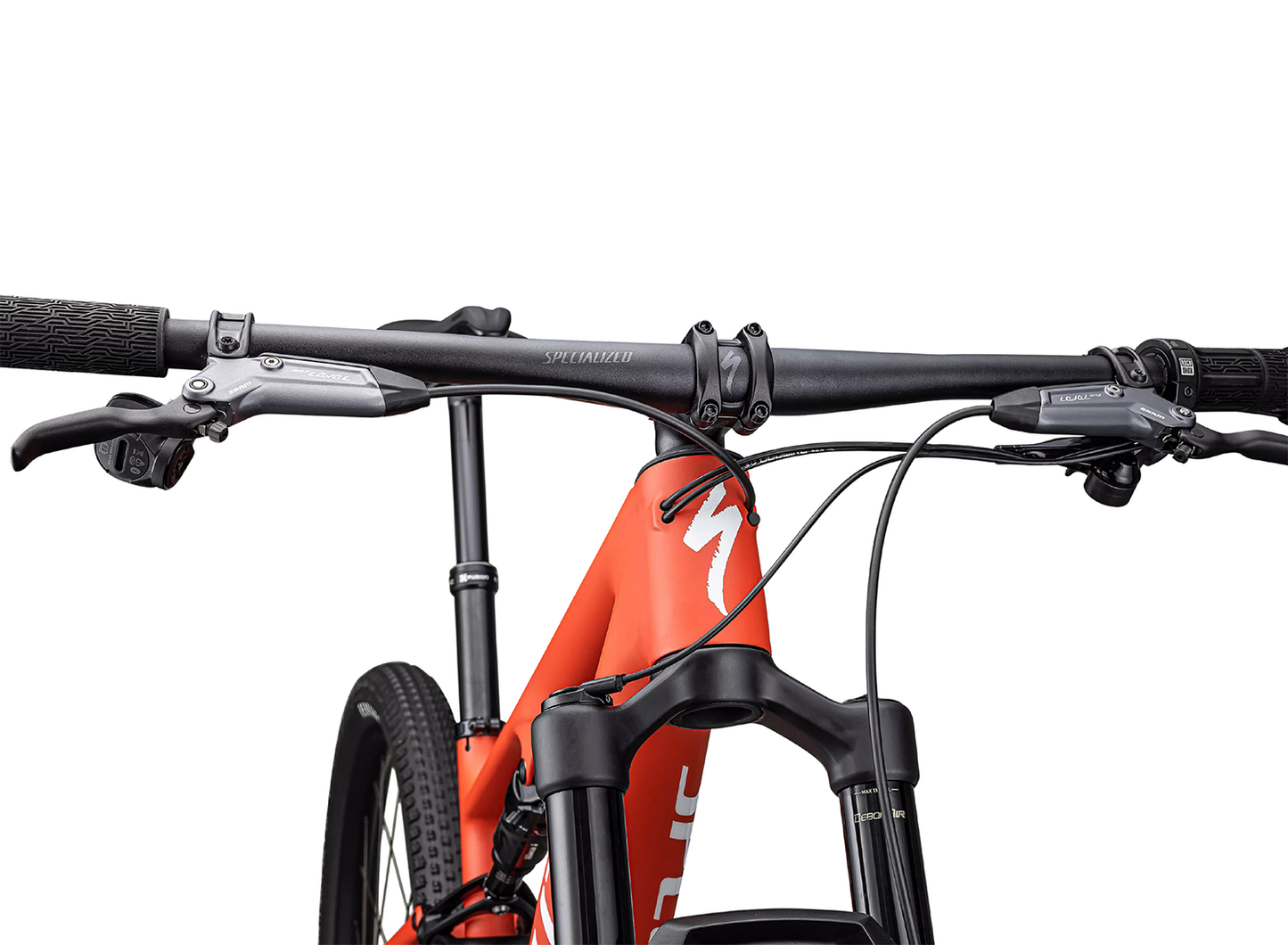 Close-up of a Specialized bicycle with handlebars and frame on a white background