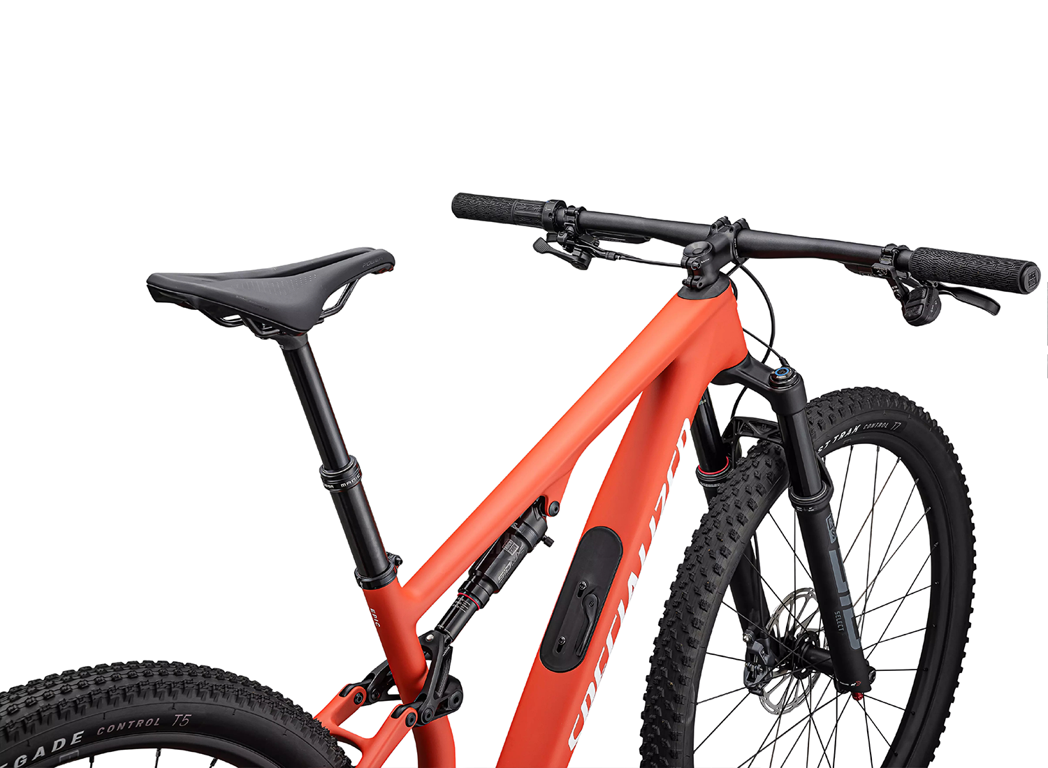 Orange mountain bike with black components on a white background, featuring the Specialized logo.