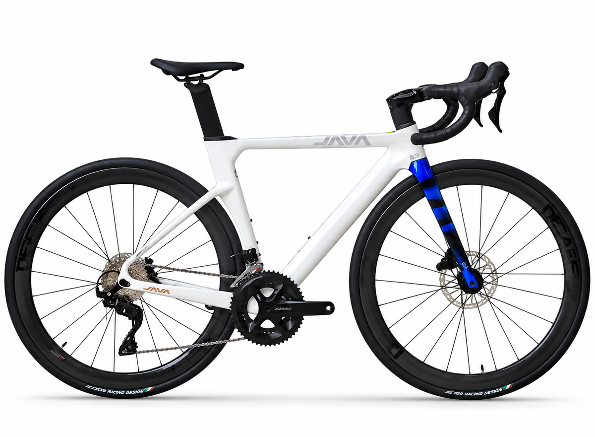 A white and black road bicycle with blue accents on the fork, shown from a side profile against a clean white background. The frame features the brand name 'JAVA' in gray.