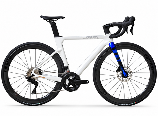 A white and black road bicycle with blue accents on the fork, shown from a side profile against a clean white background. The frame features the brand name 'JAVA' in gray.